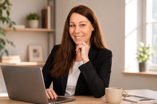 Jenny Månsson arbetar vid en laptop i en professionell hemmakontorsmiljö.