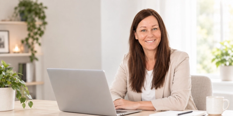 Jenny Månsson sitter framför en laptop i en ljus och modern hemmakontorsmiljö.